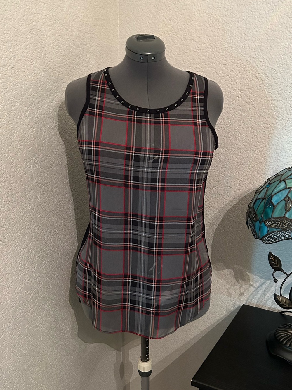 NWOT Express Grey Plaid Sleeveless Blouse, studded neckline